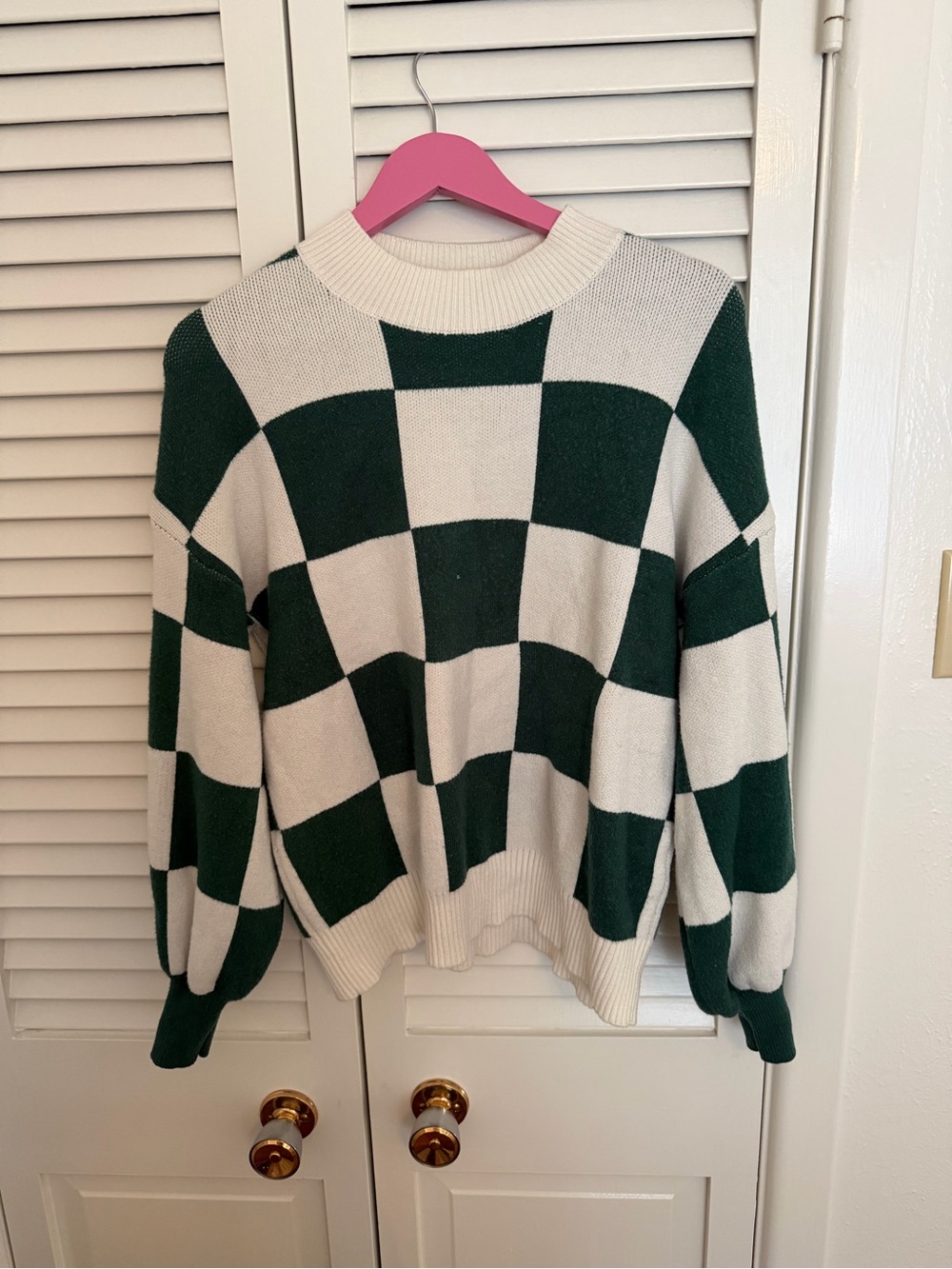Checkerboard Crewneck Sweater in Green and Cream